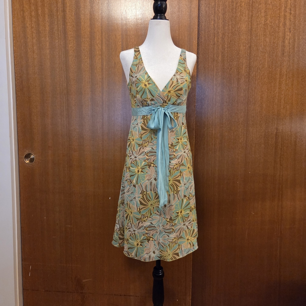 Nylon by Dex 100% Silk Floral Midi Dress - Blue/Brown - Size S